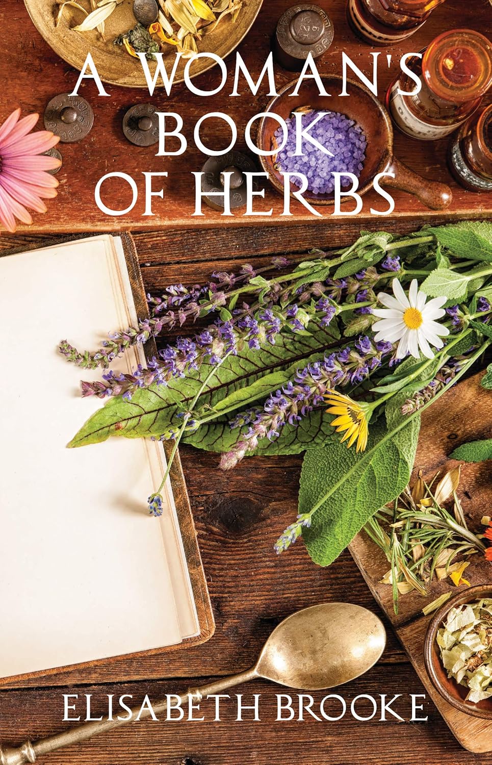Cover of A Women's Book of Herbs by Elisabeth Brooke featuring a scene of herbs and spices and a notebook.
