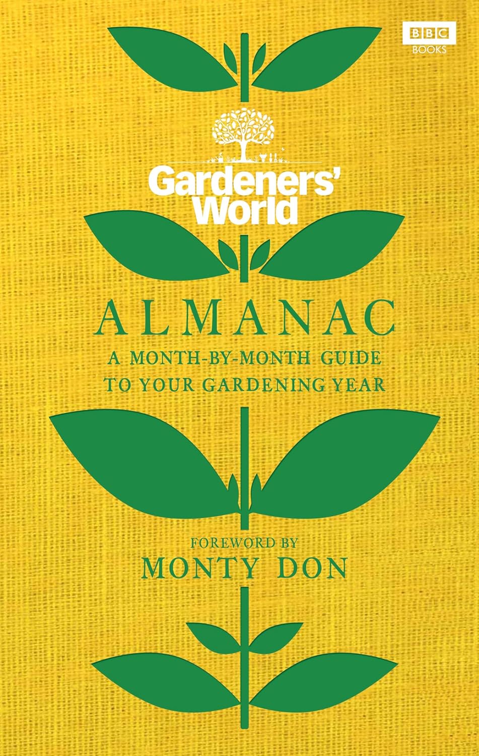 Cover of Gardeners' World Almanac featuring yellow background with green leaves.