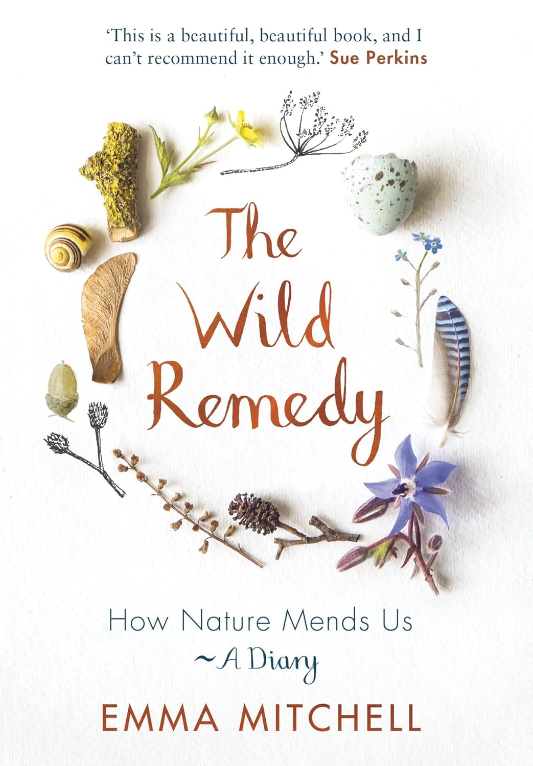 Cover of The Wild Remedy by Emma Mitchell featuring photos of plants, seashells and feathers in a circle.