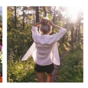3 images. a bowl of herbs, a woman walking in the woods and rose water.
